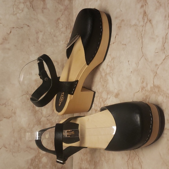 Swedish Hasbeens Shoes - Hasbeens black leather wood chunky block platforms women's shoes size 41